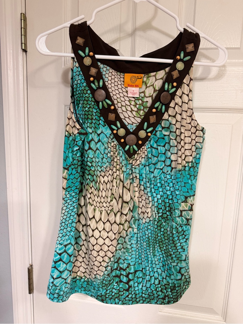 Ruby Rd. Turquoise and Cream Snake-Print Embellished V-Neck Camisole